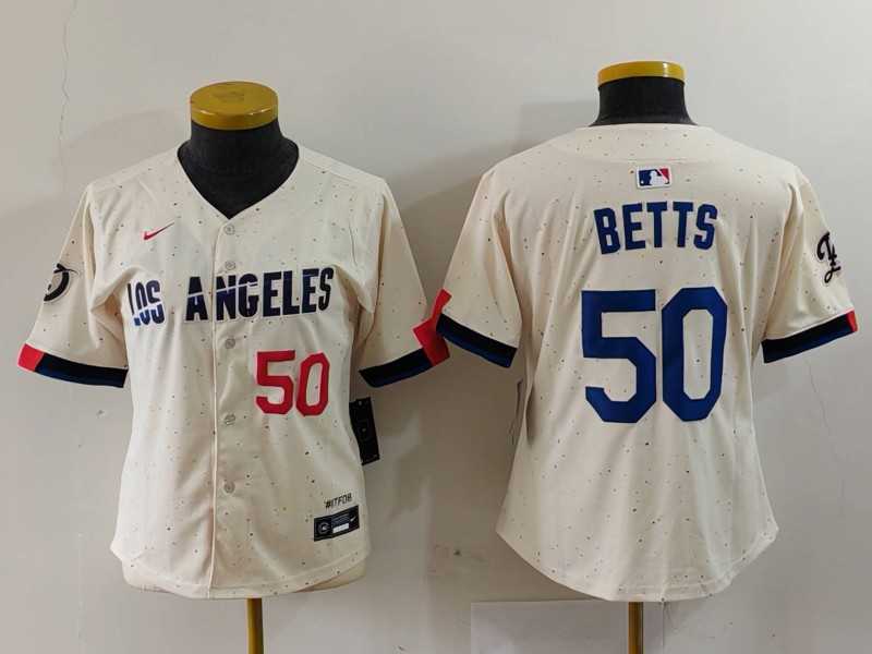 Women%27s Los Angeles Dodgers #50 Mookie Betts Number Cream 2024 City Connect Limited Stitched Jersey